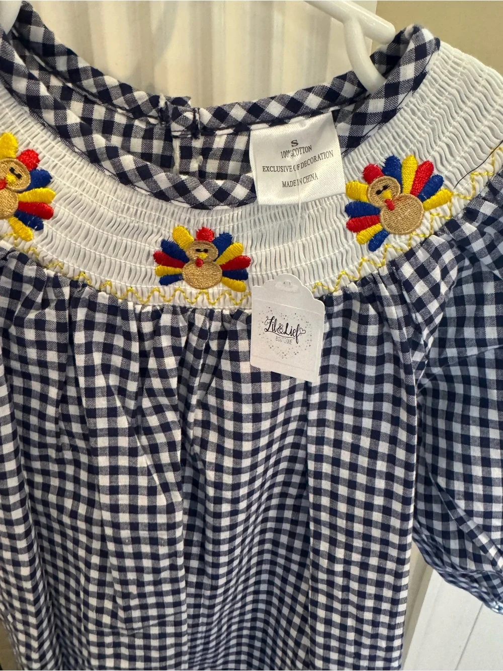Girls' Gingham Smocked Dress with Turkey Embroidery